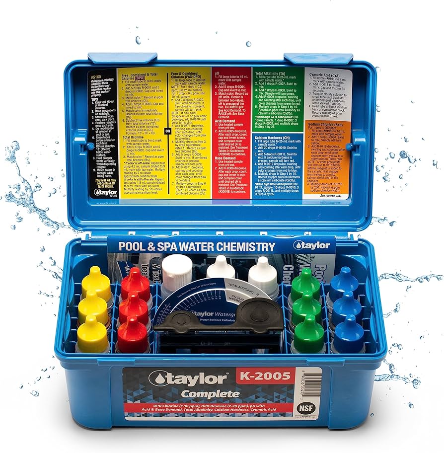 Taylor K-2005 Complete™ kit for Chlorine/Bromine, pH, Alkalinity, Hardness, CYA (DPD–high range) (.75 oz bottles)