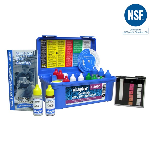 Taylor K-2006 Complete™ kit for Chlorine, pH, Alkalinity, Hardness, CYA (FAS-DPD–high range) (.75 oz bottles)